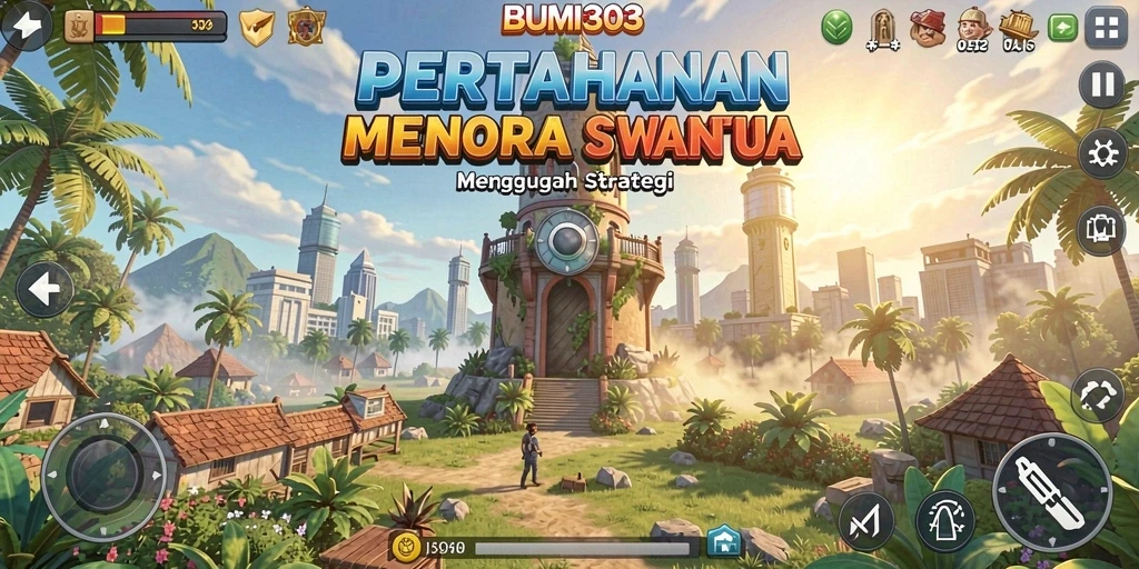 Tangkapan layar gameplay BUMI303 menampilkan pertempuran menara yang mendebarkan.