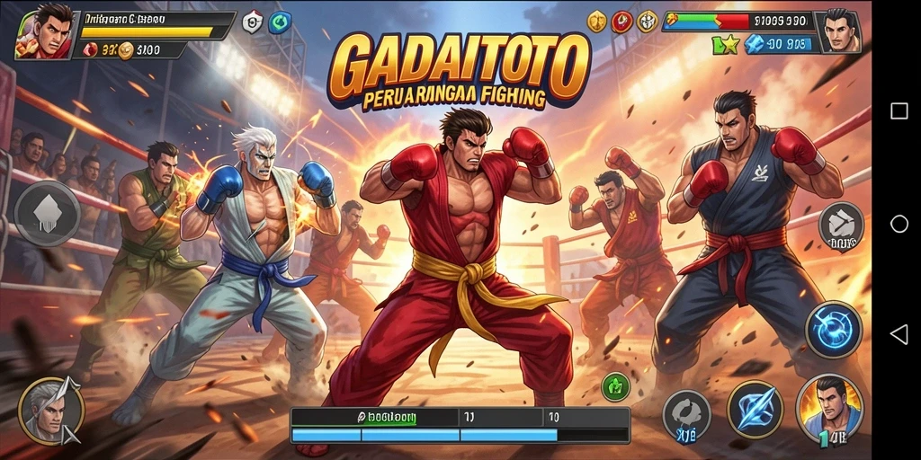 Screenshot utama GADAITOTO menampilkan karakter bertarung dalam arena yang seru.