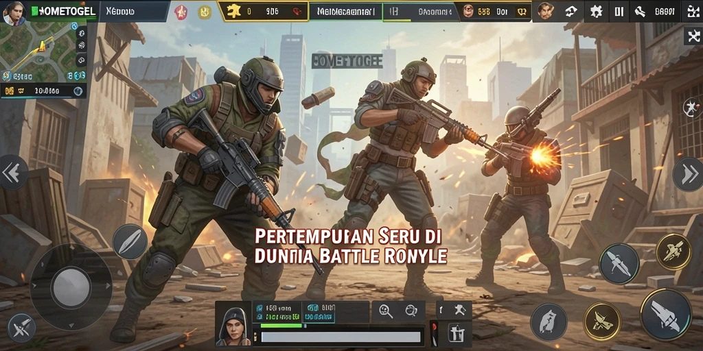 Tangkapan layar HOMETOGEL menampilkan aksi pertempuran intens di arena Battle Royale.