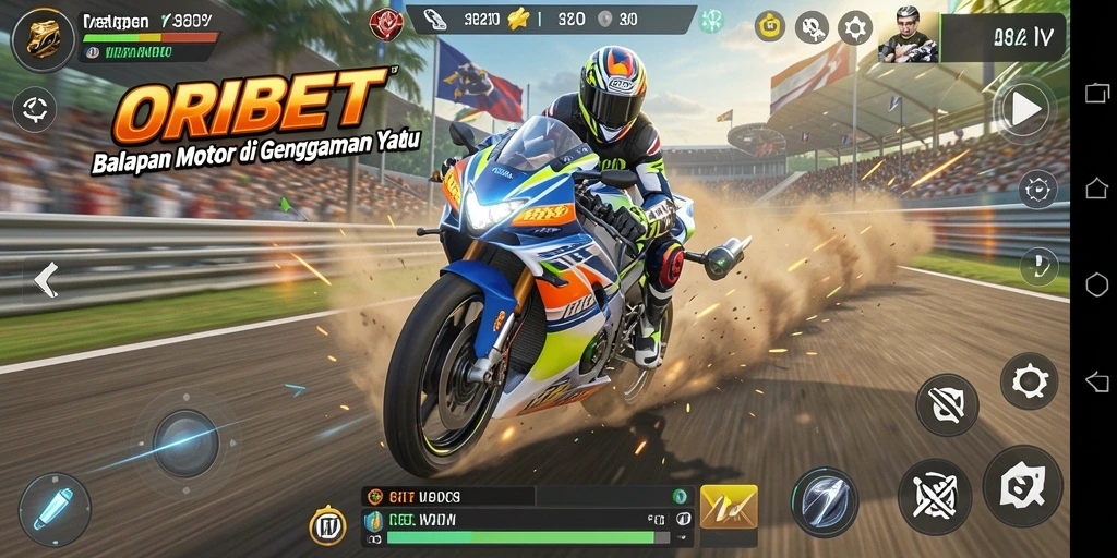 Screenshot gameplay ORIBET yang menunjukkan balapan motor yang mendebarkan.