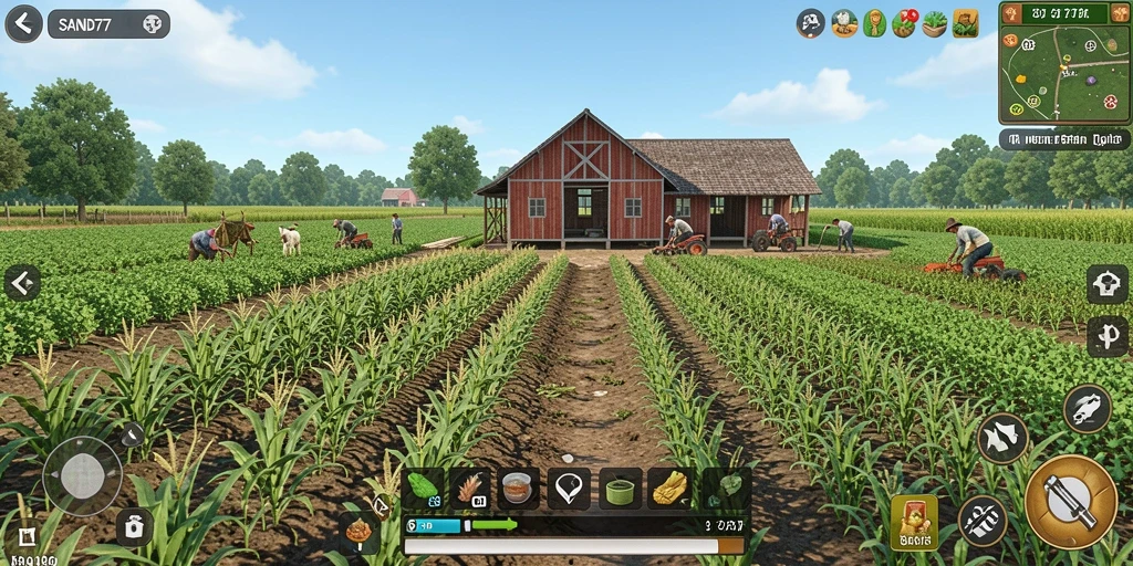 Tampilan gameplay SAND77 menampilkan petani mengelola ladang dengan tanaman hijau subur.