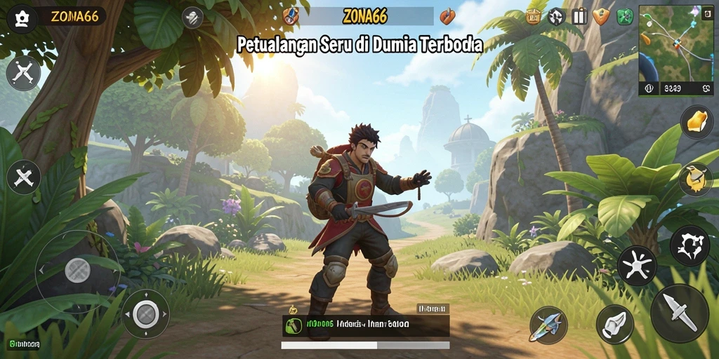 Gameplay ZONA66 dalam dunia terbuka yang luas dan menakjubkan.